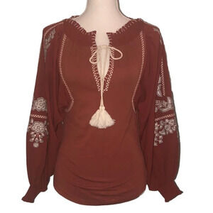 GIMMICKS by BKE XS Women's Rust w/Cream Gray Embroidery Long Ballon Sleeves Top